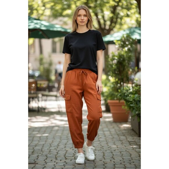 Dress Forum Pants - Womens Rust Cargo Pants By Dress Forum L Tencel Elastic Waist Drawstring Pockets